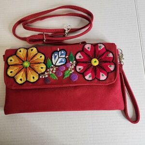Peruvian, hand embroidered flowers, red leather clutch/crossbody purse
